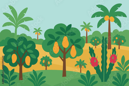 A vibrant illustration of a tropical fruit orchard with mango, papaya, coconut, and dragon fruit trees.