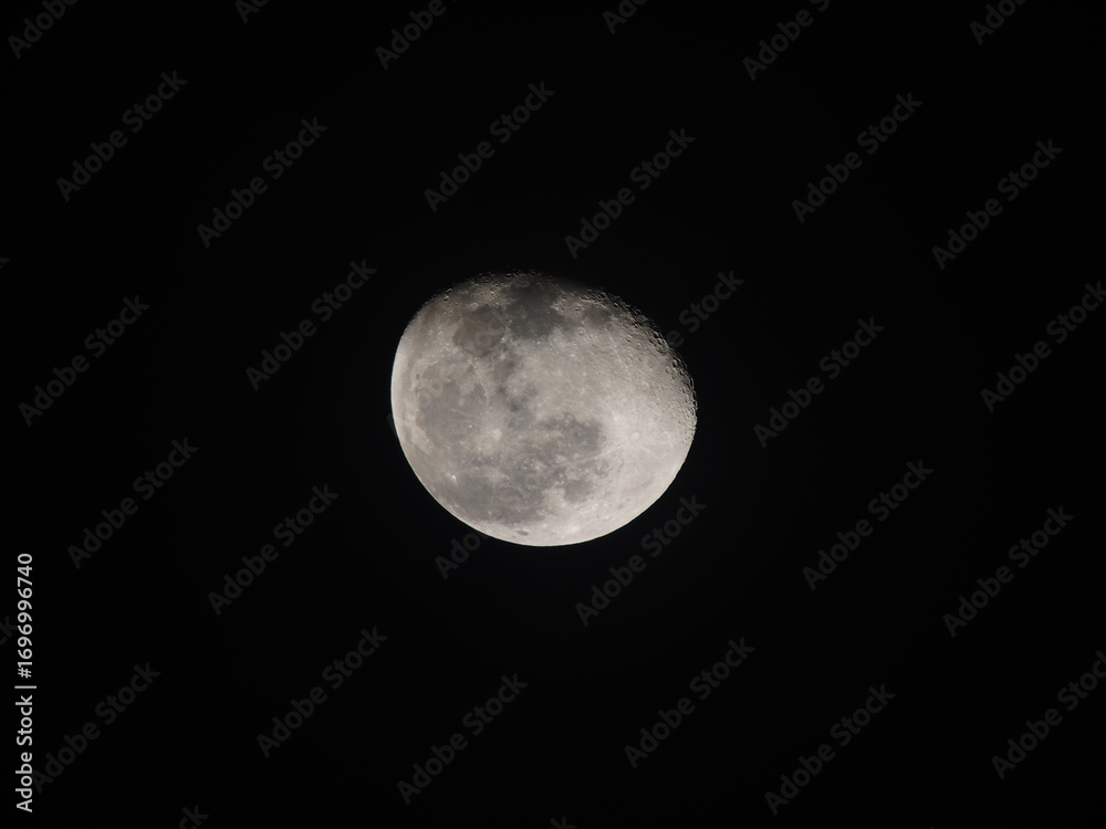 Obraz premium Detailed view of the waxing gibbous Moon against a black sky, showing craters and maria. A sharp, high-contrast astronomical capture.