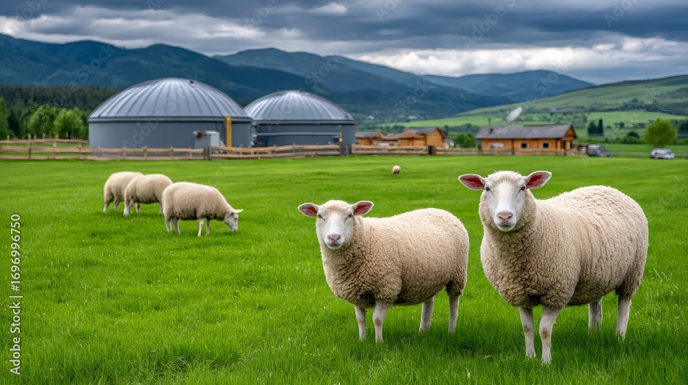 Fototapeta premium Sheep grazing on sustainable farm with biogas plant in background