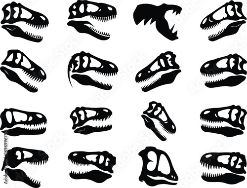 Silhouette illustration of dinosaur skulls and fossil heads, prehistoric skeleton bones, tyrannosaurus rex fossil silhouette, ancient paleontology vector collection for education design