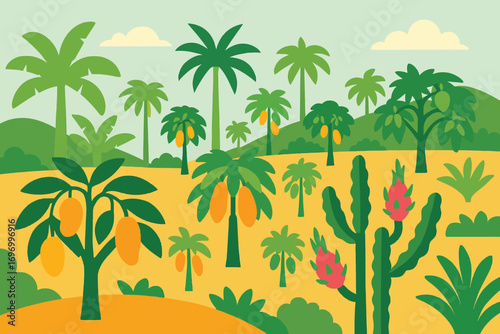 A vibrant illustration of a tropical orchard filled with various fruit trees and exotic plants under a clear sky.