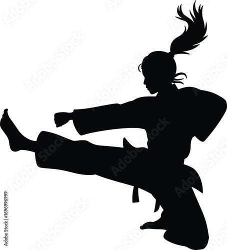 Silhouette illustration of female martial artist performing high kick and punch in karate uniform, isolated black vector design, self defense combat training concept