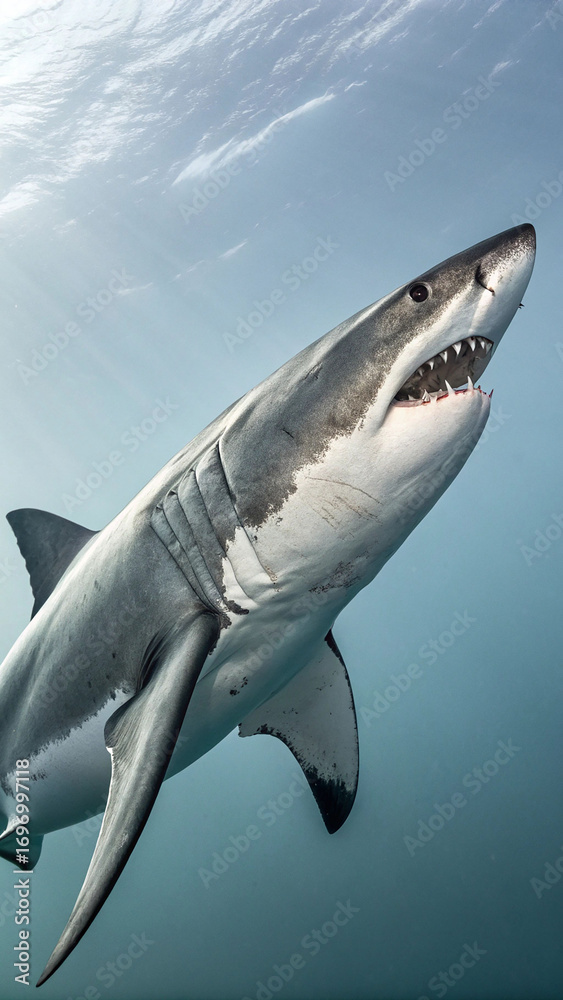 Fototapeta premium Powerful gray shark swimming underwater great white