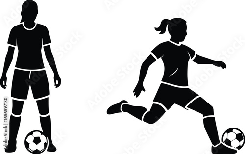 Silhouette illustration of female soccer players standing with ball and kicking football, women sports activity vector design, athlete training artwork for competition