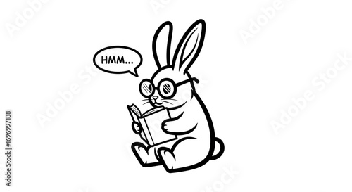 Cartoon Rabbit Reading a Book with Glasses and Thinking "Hmm..."