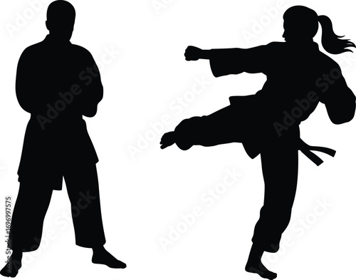 Silhouette illustration of martial arts training with male and female fighters, karate stance, high kick action, combat practice, fitness exercise vector design