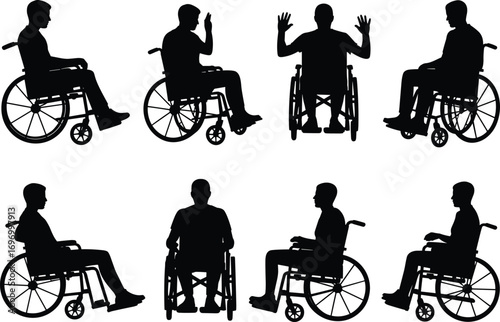 Silhouette illustration of people in wheelchairs, disabled individuals in different poses, medical healthcare concept, accessibility, mobility support vector design for rehabilitation projects
