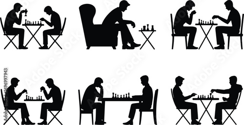 Silhouette illustration of people playing chess, sitting at table, thinking, strategy game concept, competitive board activity, black vector isolated design