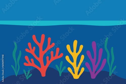 Underwater scene with colorful coral and seaweed against a blue background.