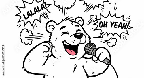 Joyful Singing Polar Bear Cartoon Character with Microphone
