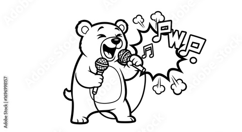 Cartoon Bear Singing Loudly into Two Microphones with Musical Notes