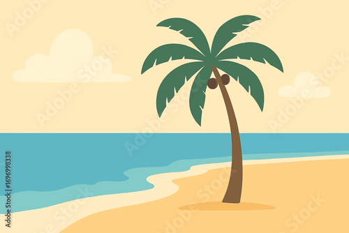 Single palm tree on a sandy beach by a calm ocean.