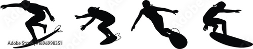 Silhouette illustration of surfers riding waves on surfboards, extreme sport activity, ocean adventure, beach lifestyle, water sports performance, summer holiday vector design