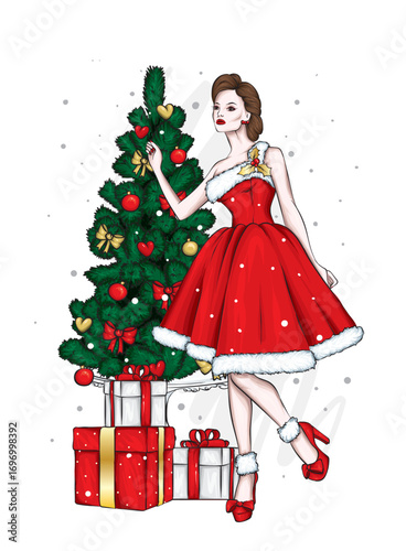 Beautiful girl in stylish clothes. Fashion and style. New Year and Christmas. Vector illustration.