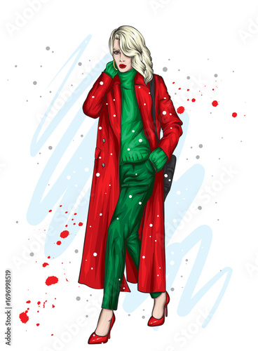 Beautiful girl in stylish clothes. Fashion and style. New Year and Christmas. Vector illustration.