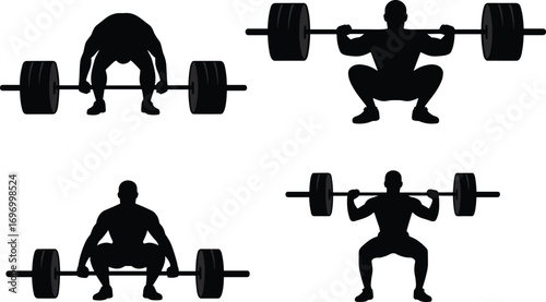 Silhouette illustration of weightlifting athletes performing barbell squats and deadlifts, strength training exercise, bodybuilding fitness workout, powerlifting competition, gym vector design