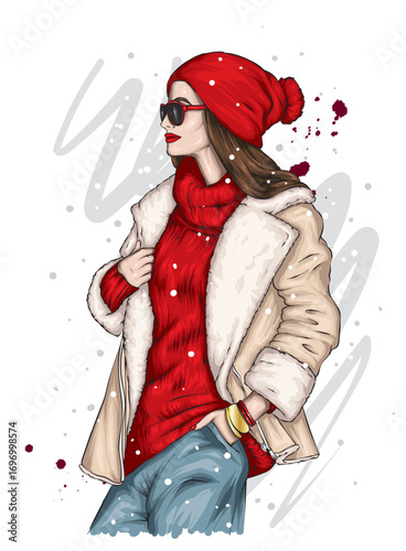 Beautiful girl in stylish clothes. Fashion and style. New Year and Christmas. Vector illustration.