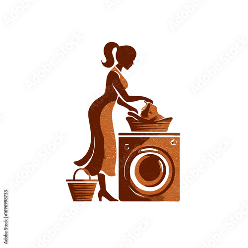 Vintage illustration of woman loading laundry into washing machine, retro housework concept