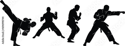 Silhouette martial arts fighters practicing karate techniques, high kick, punch, defensive stance, traditional combat training poses, self defense action vector illustration