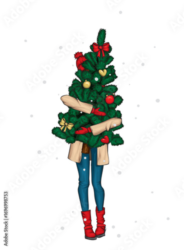 Заголовок: A beautiful girl in stylish clothes and a Christmas tree. Fashion and style. Vector illustration.


