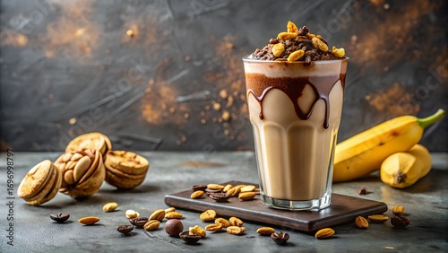 Decadent peanut butter banana milkshake with chocolate drizzle and nuts