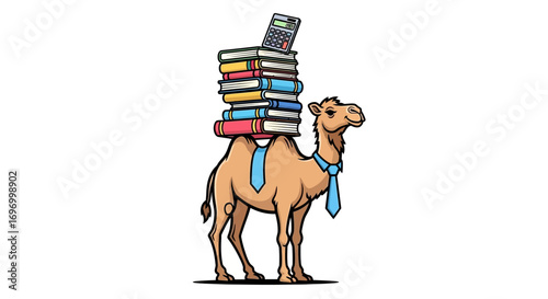 Cartoon Camel Wearing Tie Carrying Books and Calculator