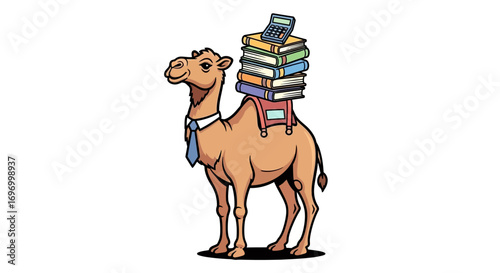 Cartoon Camel Carrying Stack of Books and Calculator