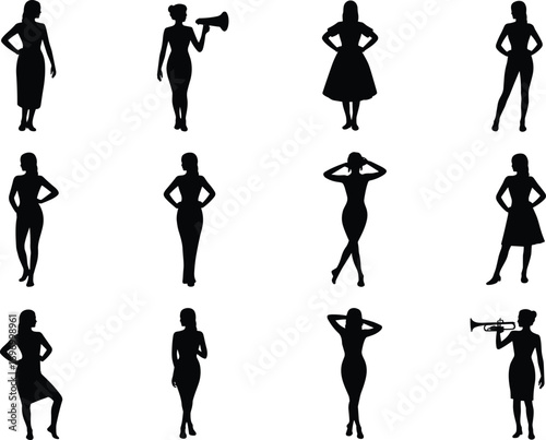 Silhouette vector illustration of elegant women in various stylish poses, holding megaphone and trumpet, standing fashion models, retro dress figures, isolated design