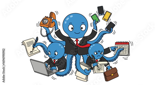 Busy Octopus Businessman Multitasking with Technology and Documents