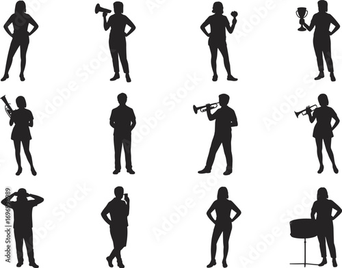 Silhouette vector illustration of men and women standing in various poses, holding megaphone, trumpet, trophy, mobile phone, drum, isolated design