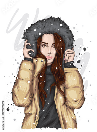 A beautiful girl in stylish winter clothes. New Year and Christmas. Fashion and style. Vector illustration.
