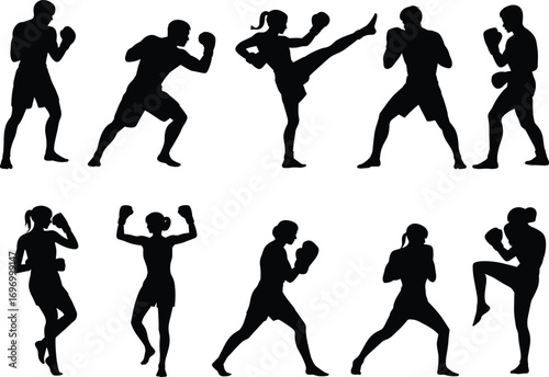 Vector illustration of boxing and martial arts silhouettes, men and women fighters training, punching, sparring, kicking, sports workout design, combat action poses