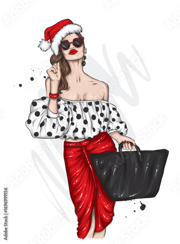 Beautiful girl in stylish clothes. Fashion and style. New Year and Christmas. Vector illustration.