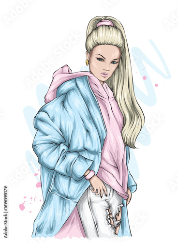Beautiful girl in stylish clothes. Fashion and style. New Year and Christmas. Vector illustration.
