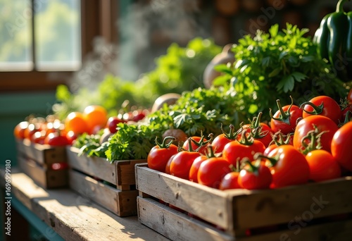 Colorful Fresh Ingredients Displayed in Rustic Wooden Crates Abundant Harvest Delicious Organic Produce