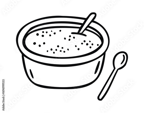 Bowl of porridge with spoon line art outline, monochrome hand drawn.