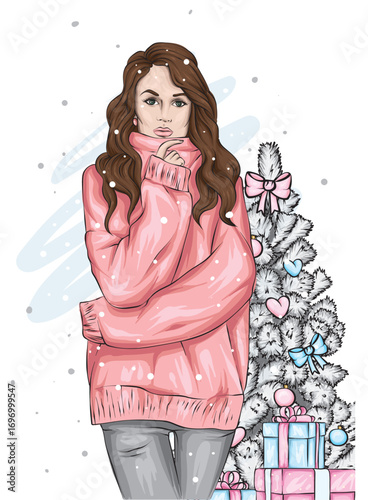 Beautiful girl in stylish clothes. Fashion and style. New Year and Christmas. Vector illustration.