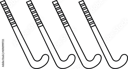 Vector illustration of multiple field hockey sticks in simple outline design, sports equipment concept, isolated black line art for training and competition
