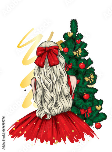 Beautiful girl in stylish clothes. Fashion and style. New Year and Christmas. Vector illustration.