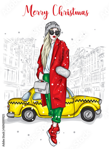 A beautiful girl in stylish winter clothes. New Year and Christmas. Fashion and style. Vector illustration.