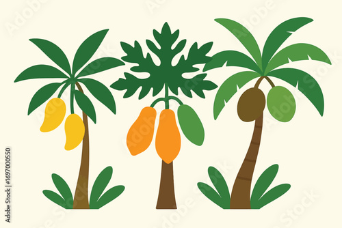 A vibrant flat illustration of three tropical fruit trees: mango, papaya, and coconut.
