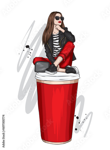 A beautiful girl in stylish clothes and a glass of coffee. Fashion and style. Vector illustration.