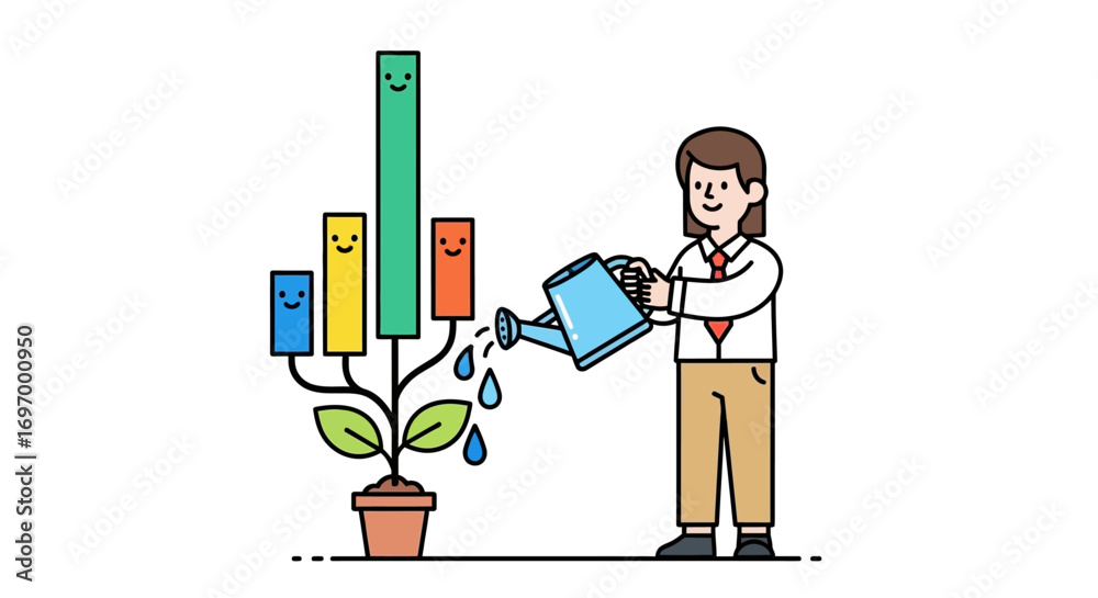 Obraz premium Cartoon Man Watering a Growing Bar Graph Plant in a Pot