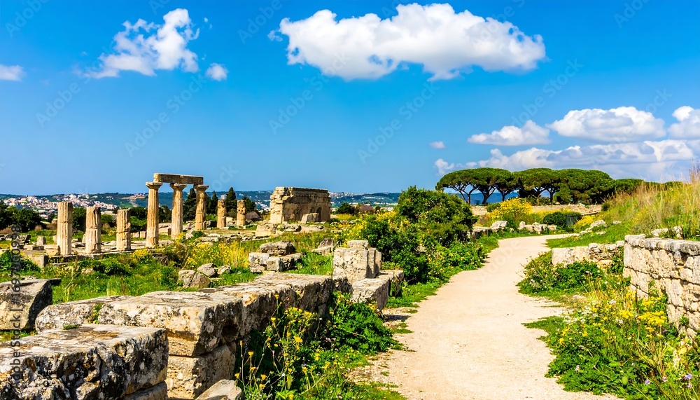 Fototapeta premium A sun-drenched path winds through ancient ruins, revealing historical remnants amidst vibrant greenery and a backdrop of a tranquil landscape.