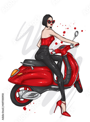 Beautiful girl and a cool motorcycle. Biker. Stylish woman. Fashion and style, clothes and accessories. Vector illustration for a card or poster. 