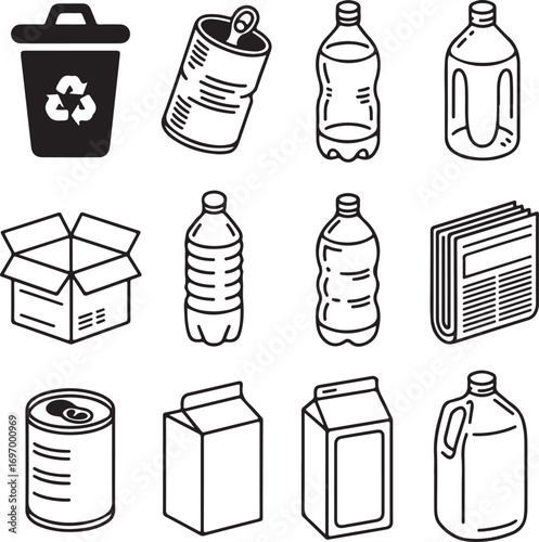 Recycling icons trash can crushed can bottles cardboard box newspaper milk carton recycle symbol