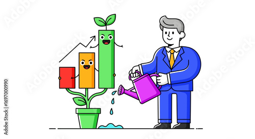 Businessman nurturing growth chart plant with watering can