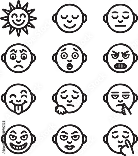 Collection of cartoon faces and sun expressing various emotions and actions expression