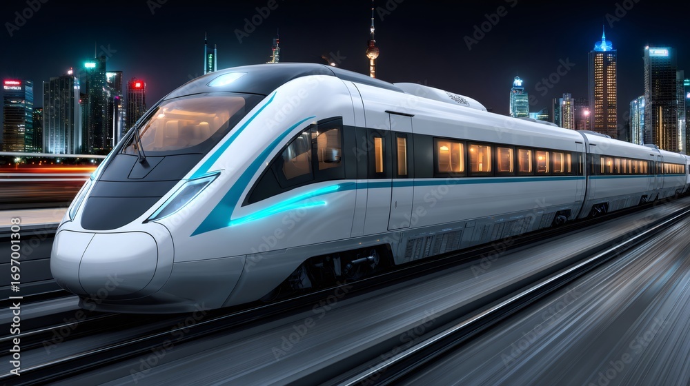 Fototapeta premium Modern high speed train traveling through illuminated city at night