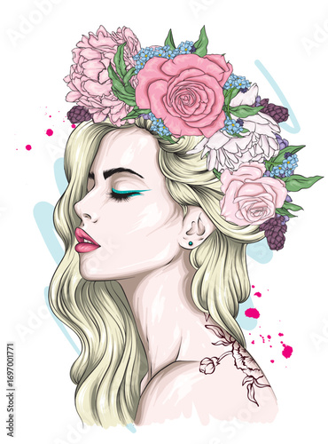 Beautiful girl with long hair in a wreath of roses and peonies. Flowers Big eyes and full lips. Vector illustration for greeting card or poster, print on clothes. Fashion and style, accessories.